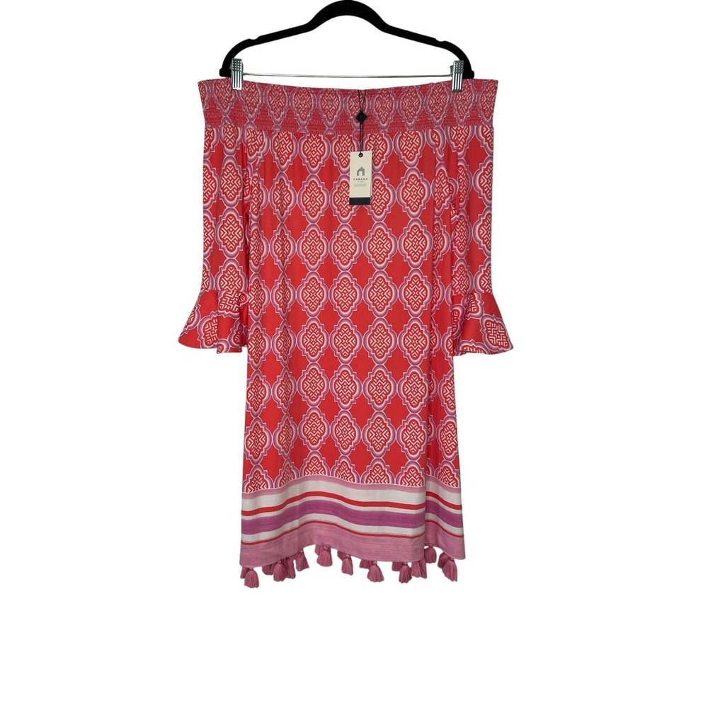 NWT Cabana Life Coral Geo Coverluxe Smocked Dress XL UPF 50+ Cover Up Tassel Hem